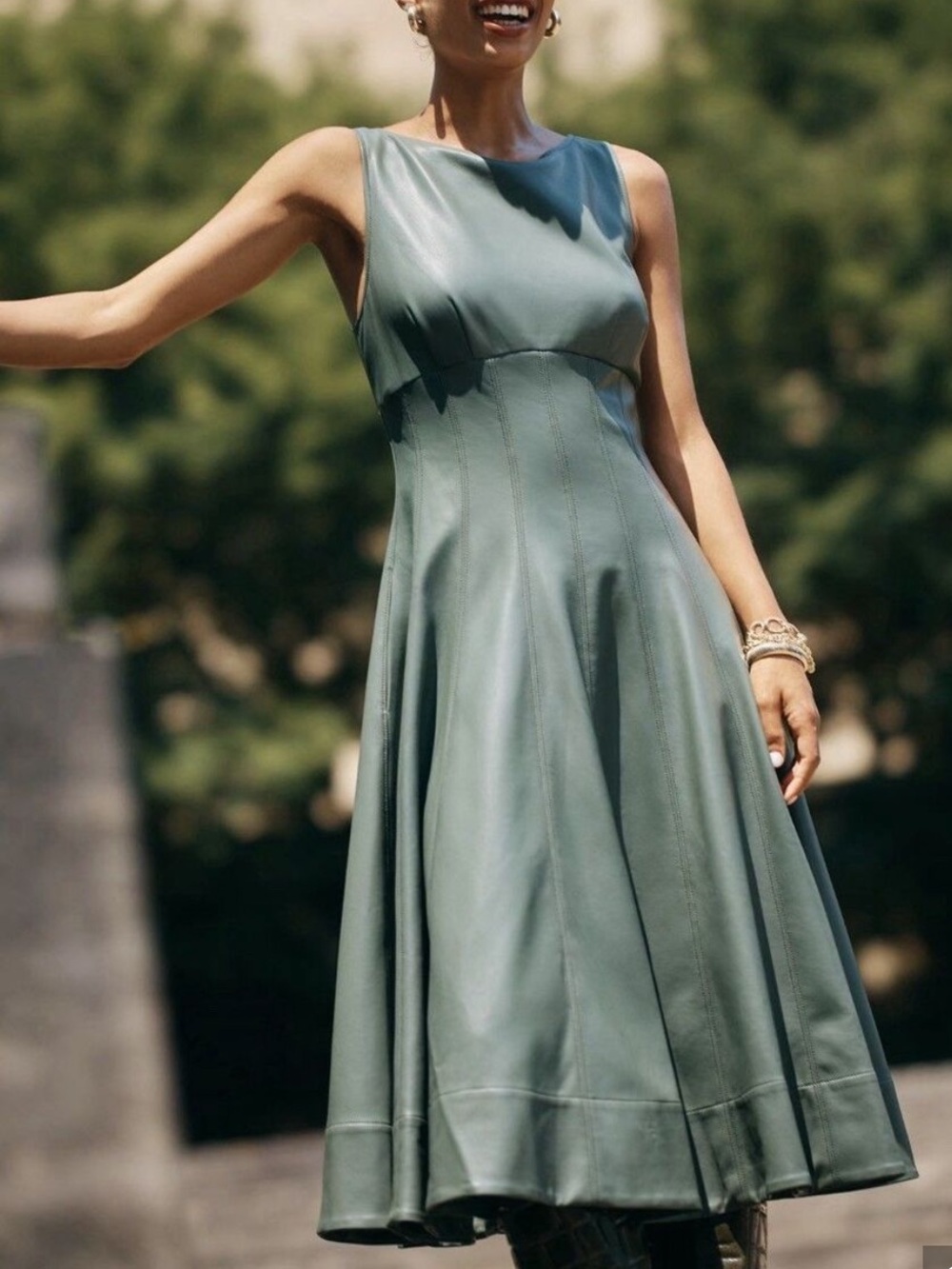 Anthropologie Green A-Line Faux Leather Sleeveless Midi Dress Size Large - Picture 5 of 13